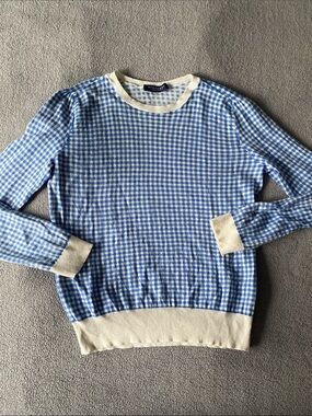 STEFANEL CASHMERE Blue and Cream Gingham Crewneck Sweater